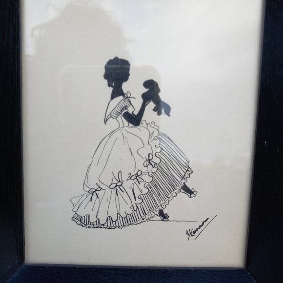 Vintage Woman Holding Dog and Couple Dancing Silhouettes Framed Wall Art Signed - Picture 6 of 16
